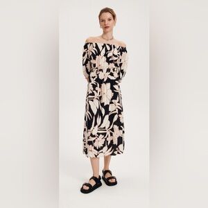 Reserved Off Shoulder Floral Midi Dress Black Cream Rust M Boho Smocked Waist